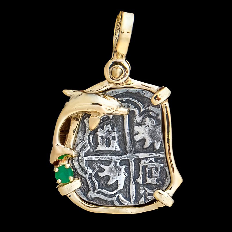 Atocha Jewelry - Odd 1 Reale Silver Coin Pendant w/ 14K Gold Dolphin Frame and Emerald