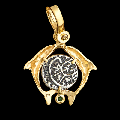 Atocha Jewelry - Small Silver Coin 14K Gold Double Dolphin Pendant with Emerald