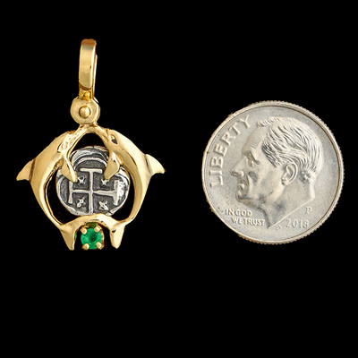 Atocha Jewelry - Small Silver Coin 14K Gold Double Dolphin Pendant with Emerald