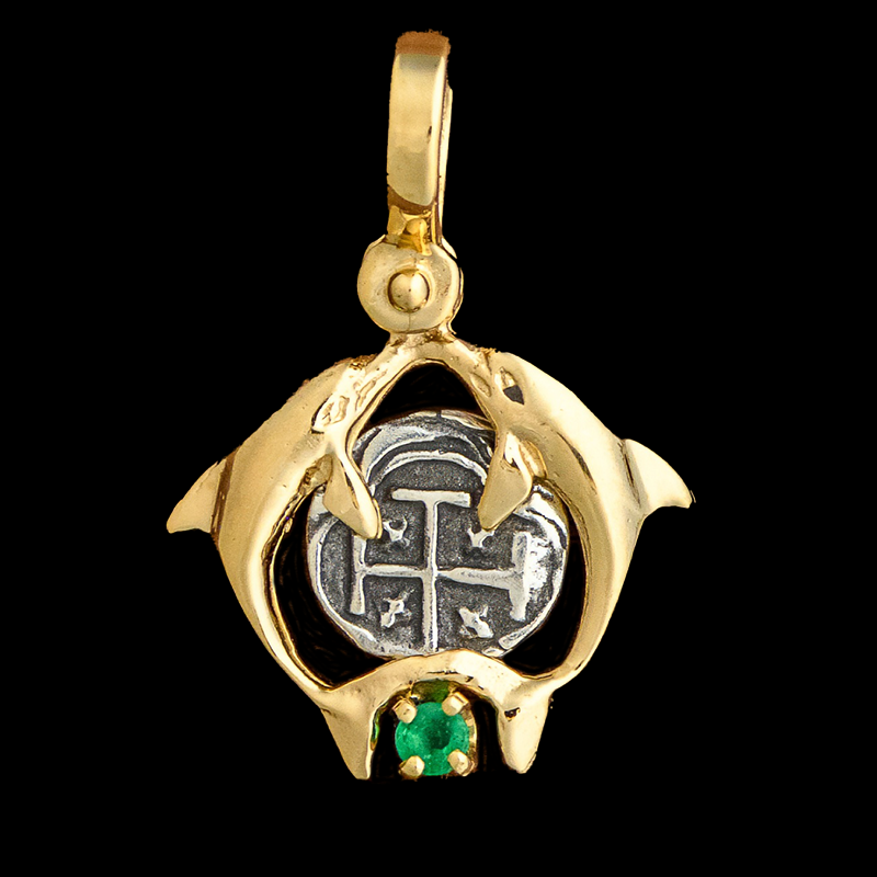 Atocha Jewelry - Small Silver Coin 14K Gold Double Dolphin Pendant with Emerald