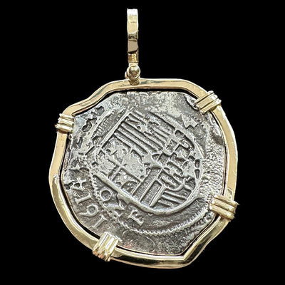 Atocha Jewelry - Large Pieces of 8 Silver Coin with Date Pendant with 14K Gold Wrap Frame