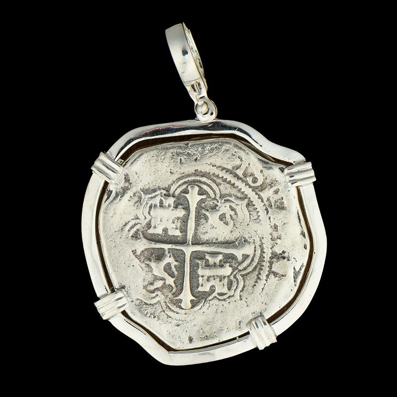 Atocha Jewelry - Large Pieces of 8 Silver Coin with Date Pendant with Sterling Silver Wrap Frame