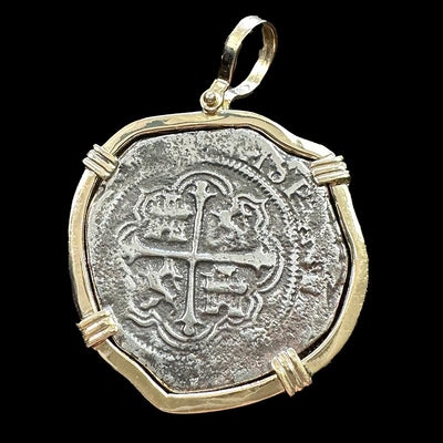 Atocha Jewelry - Large Pieces of 8 Silver Coin with Date Pendant with 14K Gold Wrap Frame